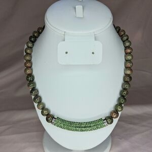 Unakite Jasper Smooth Peridot Green Crystal Bar Pendant Stone Beaded Necklace